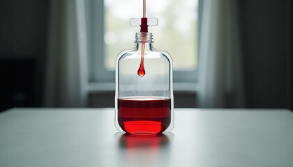Blood dripping into IV bag on sterile surface near window