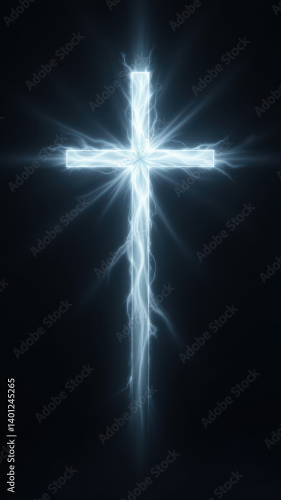 Poster symbolic christian image with a glowing cross against a dark background.