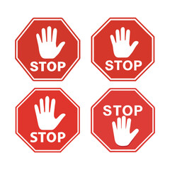 Four Red Stop Hand Sign Vector Set, No sign on red background with hexagon, square and round shapes, Stop sign for prohibited activitie