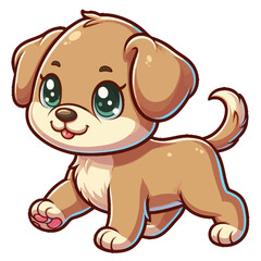 Charming cartoon illustration of a cute, light brown puppy with big, adorable eyes and a happy expression, taking a step. Represents adorable animals, pets, and children's themes.