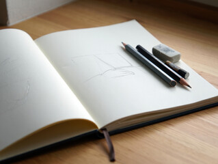 Open Sketchbook with Pencils and Eraser on a Wooden Tabletop