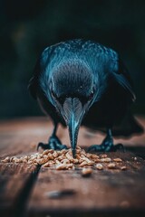 Naklejka premium Black bird eating peanuts