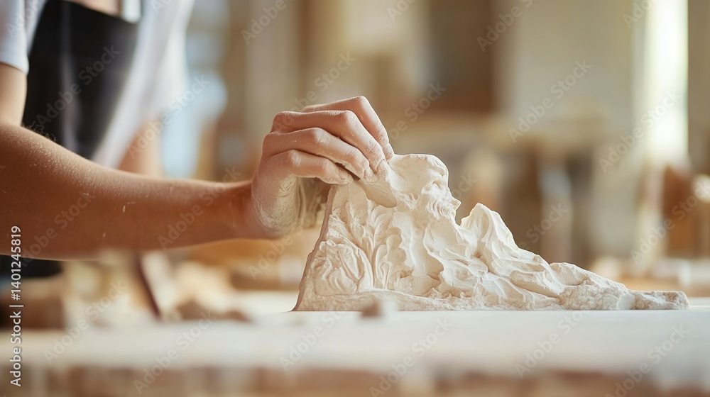 Poster crafting intricate sculptures in a sunlit studio with hands shaping soft clay material