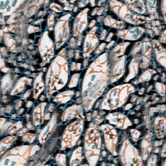 Abstract blue and white pattern resembling leaves and organic shapes. The design has a textured, hand-painted appearance, creating a dynamic visual effect.