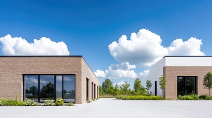 Modern Brick Buildings Lush Landscaping Bright Sunlight High-Resolution Wide Shot Architectural Details Commercial Real Estate Sunny Day Vibrant Exterior Ideal for Property Listings