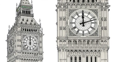Detailed Line Art of Big Ben Clock Tower
