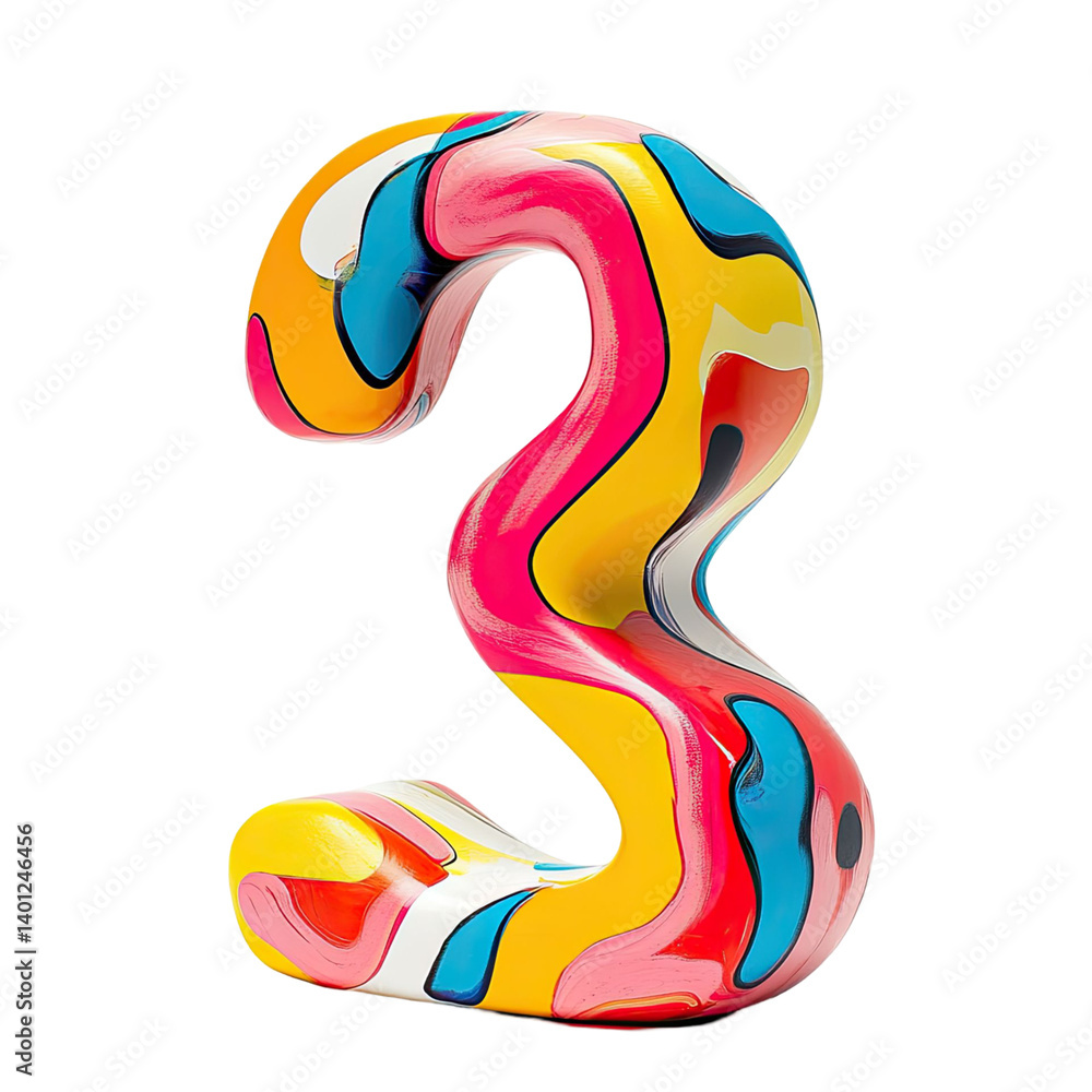 Poster abstract three-dimensional number three with colorful liquid paint pattern on transparent background