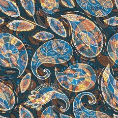 Fototapeta premium Colorful paisley pattern with intricate designs in teal, orange, and yellow hues. The abstract, hand-drawn style creates a vibrant, artistic, and bohemian feel.