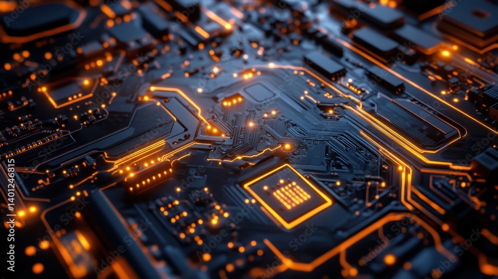 Poster close-up view of a circuit board illuminated by orange lights, showcasing intricate connections and 