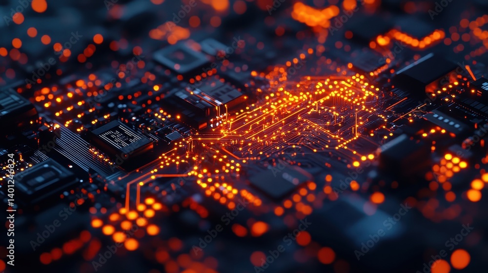 Poster close-up view of a circuit board illuminated by orange lights, showcasing intricate connections and 