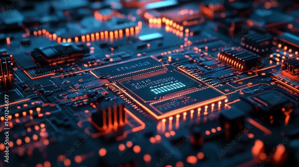 Poster close-up view of a circuit board illuminated by orange lights, showcasing intricate connections and 