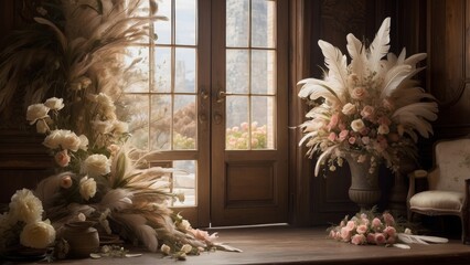 Feathers, flowers, and the open door — a still scene whispering of freedom’s weight and beauty 