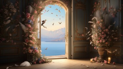 Feathers, flowers, and the open door — a still scene whispering of freedom’s weight and beauty 