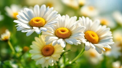 Blooming white daisies with vibrant yellow centers fill a sunny summer field, creating a lively and cheerful atmosphere, perfect for capturing the essence of nature's beauty