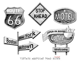 Vintage american road signs hand draw engraving style black and white clip art