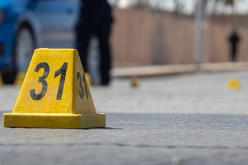 Crime scene marker number 31 with blurred officers and a blue car in the background.