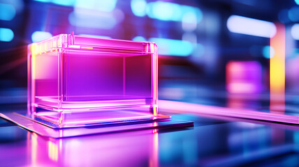 glowing, transparent cube sits on reflective surface, surrounded by vibrant neon lights, creating futuristic atmosphere
