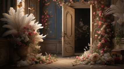 Feathers, flowers, and the open door — a still scene whispering of freedom’s weight and beauty 
