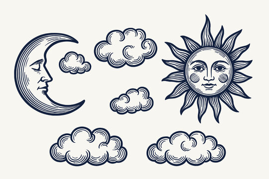 Vintage engraving of sun moon clouds