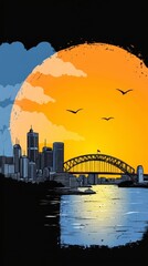 Obraz premium Pixel Art Cityscape Sunset with Bridge and Birds