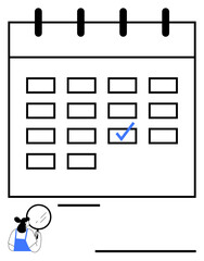 Calendar with a checked date paired with a person studying it, suggesting a focus on scheduling. Ideal for organization, planning, management, productivity, reminders, events goal setting. Flat