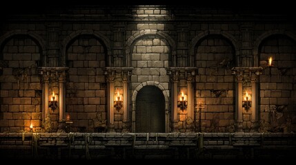 Obraz premium A dark, mysterious underground dungeon depicted by stone walls, flickering torches and eerie shadows.