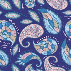Colorful paisley pattern with intricate designs in teal, orange, and yellow hues. The abstract, hand-drawn style creates a vibrant, artistic, and bohemian feel.