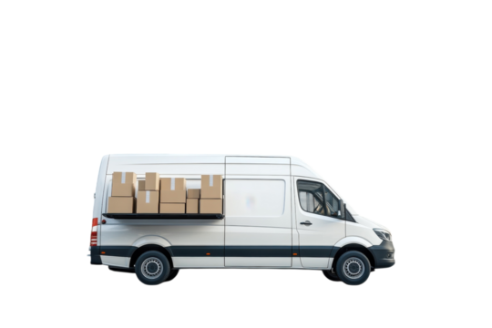 White delivery van loaded with boxes ready for transport clean design on transparent background