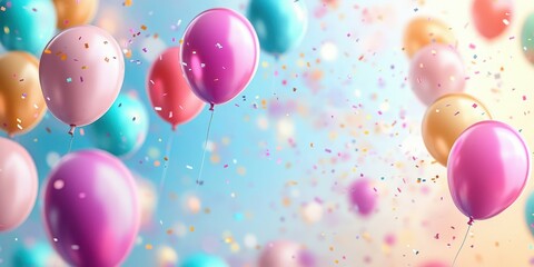 Colorful balloons float in the air, celebrating a joyful occasion with confetti and bright colors