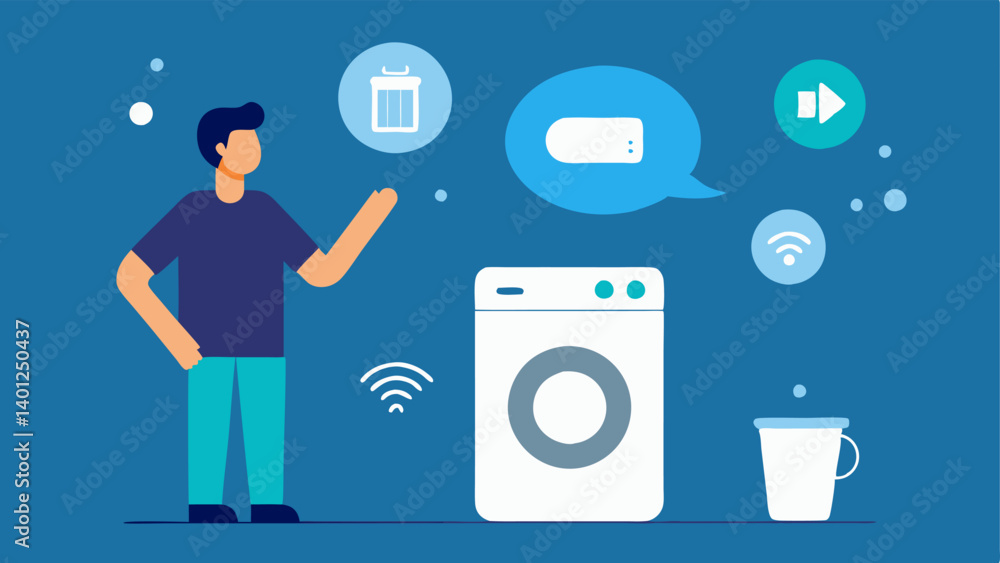 Poster laundry management a person in a laundry room using voice commands to start a washing machine repres