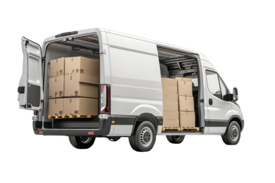 Ready for Delivery A Cargo Van Loaded with Cardboard Boxes Back View on transparent background