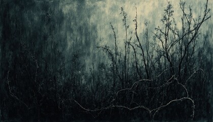 a dark and moody scene of bare, twisted tree branches set against a foggy and overcast sky