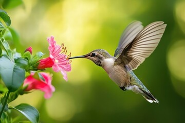 Fototapeta premium Hummingbird flying near pink flowers with green leaves in a blurred background.