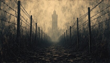 a desolate, foggy landscape featuring a long, fenced corridor leading to a distant, towering structure