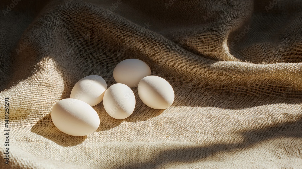 Poster five fresh organic white eggs are lying on a textured burlap surface, illuminated by warm, inviting 