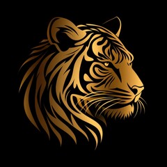 Elegant golden tiger head design with intricate detailing on a black background for artistic use