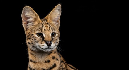 Alert Serval Cat with Large Ears on Black Background