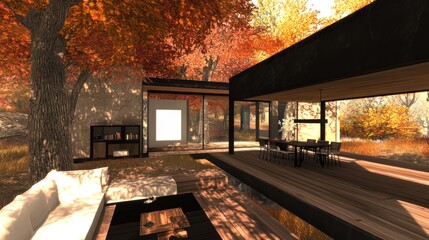Fototapeta premium Modern architectural design merges with autumn foliage and nature