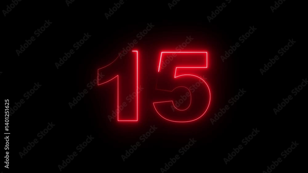 Poster neon text 15 number countdown icon background 4k animation .neon number 115 with alpha channel, neon