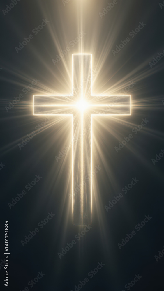 Poster a digital illustration featuring a golden christian cross shining against a dark background with ray