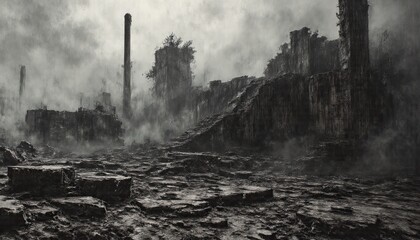 a devastated landscape with the remnants of a building