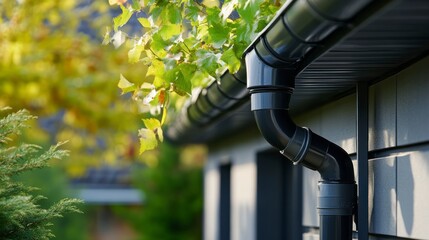 Naklejka premium Dark Gray Gutter and Downspout on Light Gray House Exterior with Green Foliage