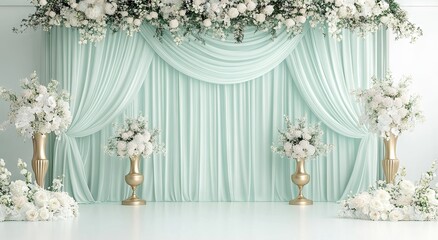 A mint green draped backdrop for a wedding ceremony or event, adorned with white floral arrangements.