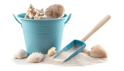 Toy bucket and shovel with sand and seashells for children on summer for clip art and element