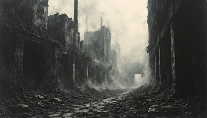 dark, atmospheric scene of a cityscape that appears to be in a state of ruin and decay