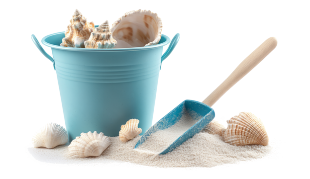 Toy bucket and shovel with sand and seashells for children on summer for clip art and element