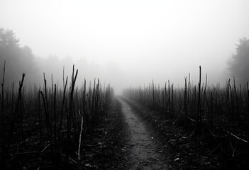 foggy, rural path lined with bare, thin trees on either side