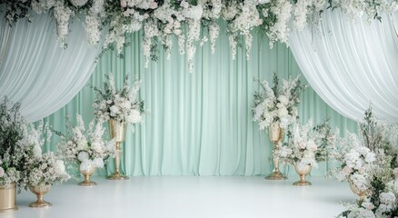 A mint green backdrop adorned with cascading white flowers and elegant gold vases.