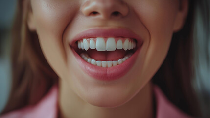 Obraz premium Perfect Smile: The image showcases a close-up of a woman's radiant smile, her perfectly aligned, white teeth sparkling with health and vitality, radiating pure joy and confidence.