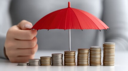 Hand Holding Red Umbrella Over Stacked Coins